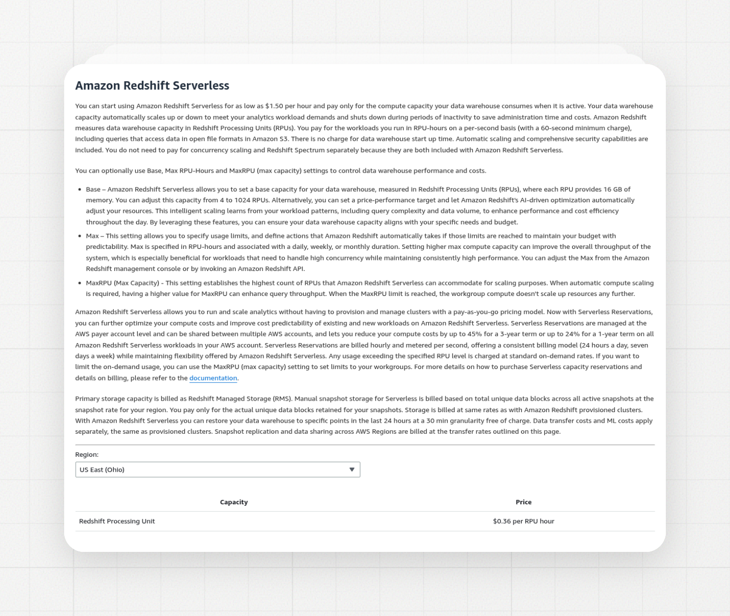 Amazon Redshift Serverless pricing